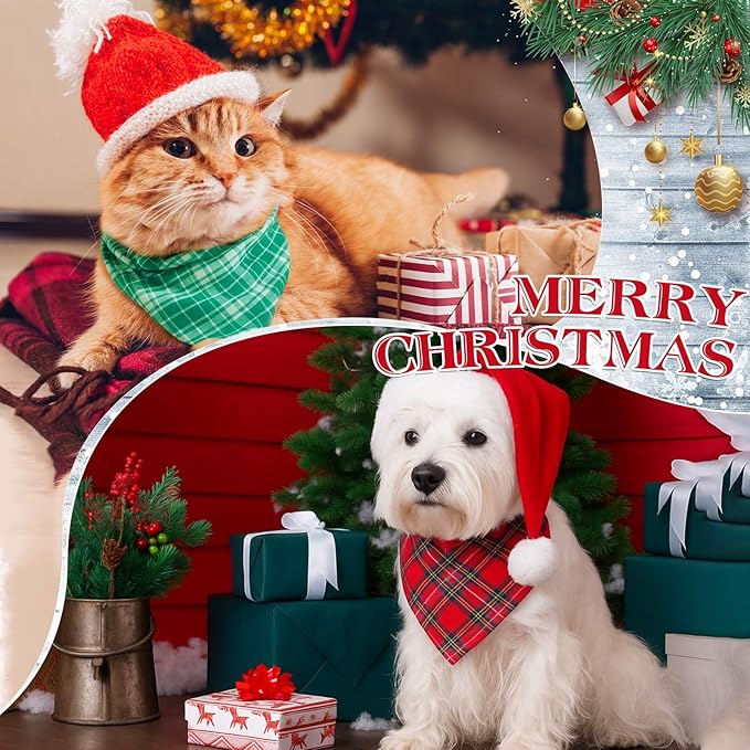 100 Pcs Christmas Dog Bandanas Bulk Xmas Red and Green Buffalo Plaid Bandanas Soft White Back Triangle Bibs Adjustable Scarf for Small Medium Large Pets (Red and Green Plaid)