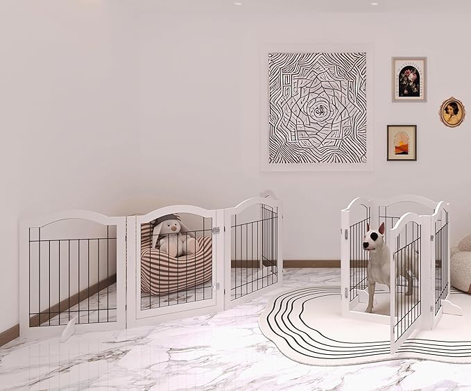 Vantas Folding No-Assembly Dog Door Pet Gate 96" Wide, 30" Tall Wooden Dog Gate with Door Walk Through, Freestanding Wire Pet Gate, Pet Puppy Safety Fence, with 2PCS Support – White