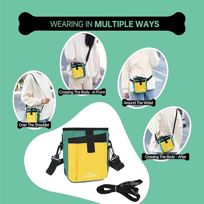 Sharmila Dog Treat Pouch - Large Capacity Storage & Multi-Pocket Design, Waterproof Training Treat Pouch Constructed from High-Density Oxford Fabric for Pet Training, Dog Walking, Hiking (Yellow)