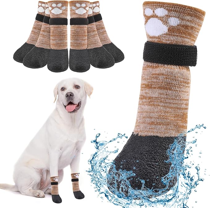 BEAUTYZOO Waterproof Dog Shoes for Small Medium Large Size Dogs, Dog Booties to Prevent Licking for Hardfloors Floors,6 PCS Grip Dog Socks Senior Dog Boots & Paw Protectors for Winter Snow Rain Hiking