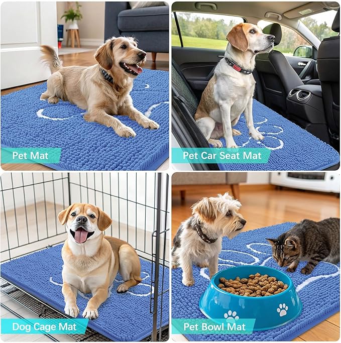 OLANLY Dog Door Mat for Muddy Paws 48x30, Paw Print Design, Absorbs Moisture and Dirt, Absorbent Non-Slip Washable Doormat, Quick Dry Chenille Mud Mat, Entry Indoor Entryway Carpet, Cornflower Blue