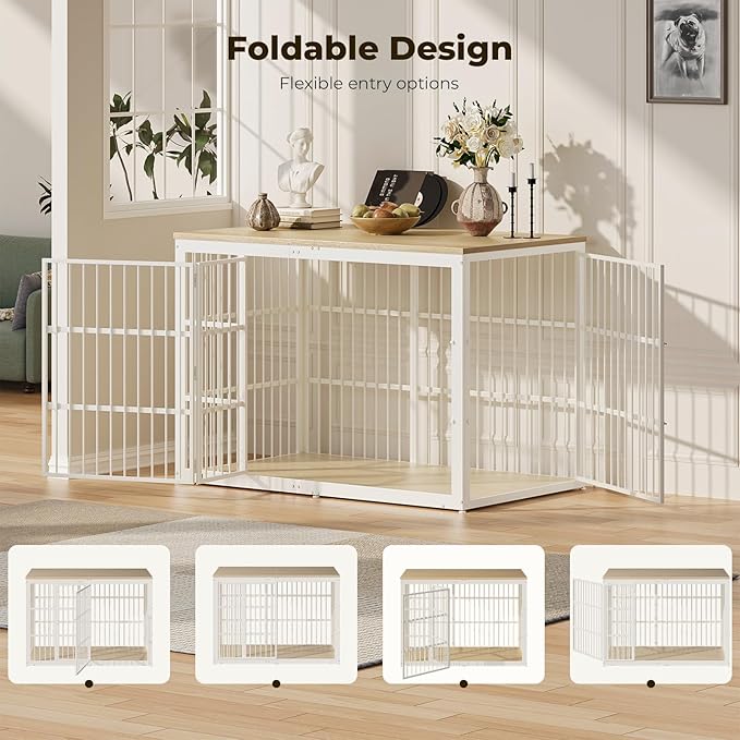Lyromix 54" Dog Crate Furniture with Foldable Door, XXL Dog Crates for Large Dogs, Wooden Decorative Dog Cage Kennel Indoor End Table, Natural Beech