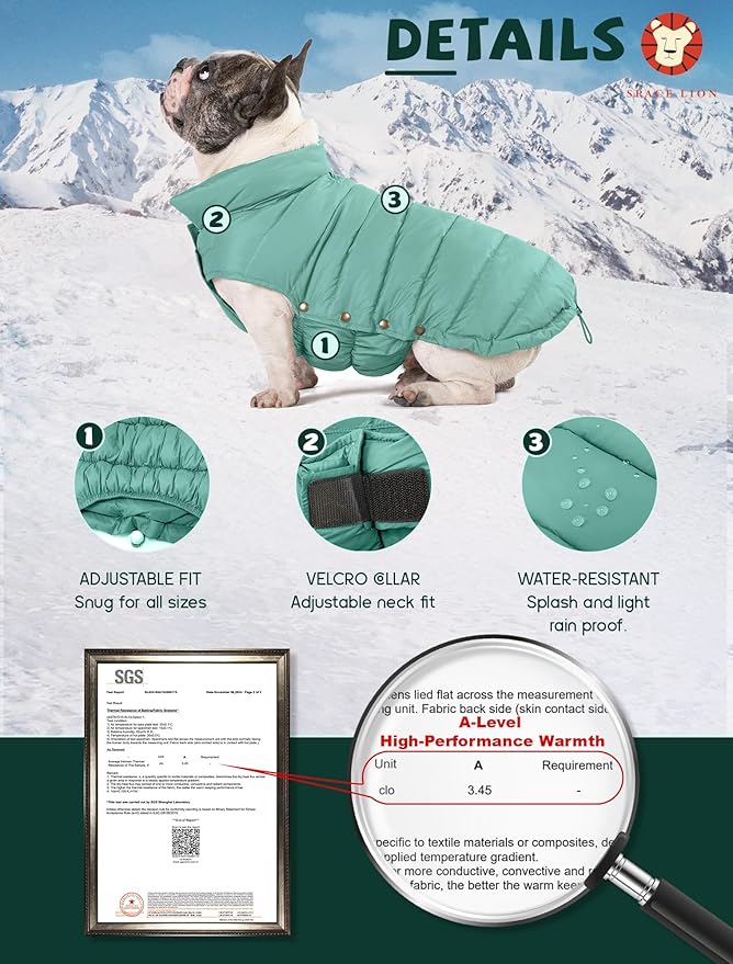 SPACE LION Puffer Jacket, Down Winter Coat, Waterproof, Windproof, Lightweight Jacket, Adjustable Fit for Medium, Large Dogs(Green,XL)
