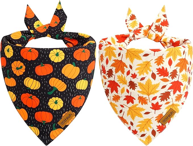 Fall Dog Bandanas - 2 Pack Halloween Thanksgiving Dog Bandana | Reversible Pumpkin and Leaf Pet Scarf for Boy & Girl | Premium Durable Fabric | Holiday Bandana for Small and Medium Dogs (Small)