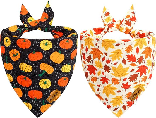 Fall Dog Bandanas - 2 Pack Halloween Thanksgiving Dog Bandana | Reversible Pumpkin and Leaf Pet Scarf for Boy & Girl | Premium Durable Fabric | Holiday Bandana for Small and Medium Dogs (Small)