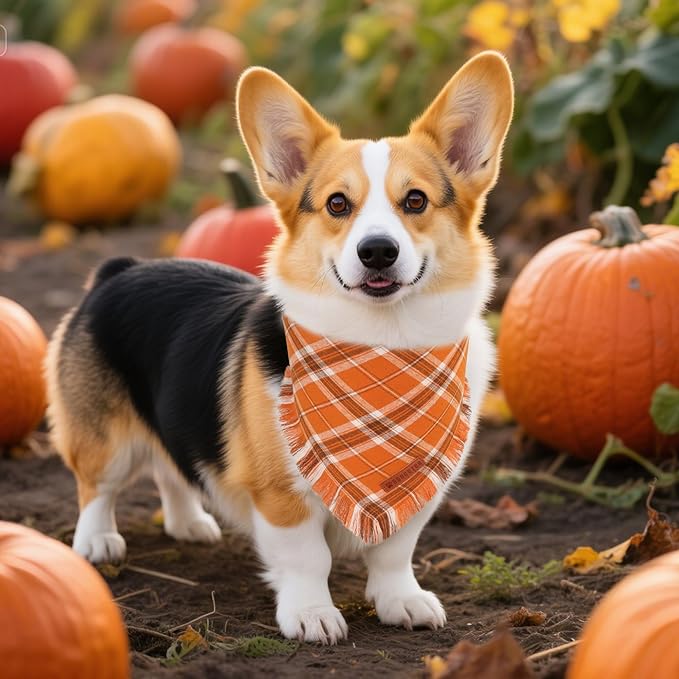 ADOGGYGO Fall Dog Bandanas with Tassels Edges, Stylish Plaid Thanksgiving Halloween Scarf Bib, Orange Plaid Fall Bandanas for Small Dogs (Small)