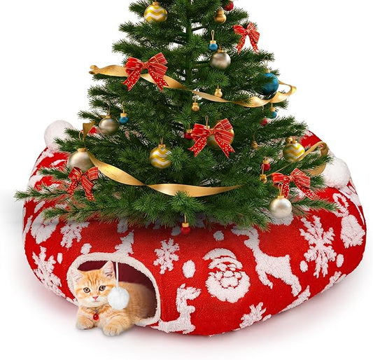 Christmas Cat Tunnel Bed in 3FT x 3FT x 10IN-Cute Cat Tube Christmas Tree Skirt with Ball,Foldable Round Pet Toy with Washable Mat for Keeping Indoor Cats Off Xmas Tree, Red