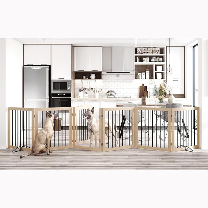 Vantas Folding Pet Gate 144" Wide, 30" Tall No-Assembly Wooden Dog Gate With Door Walk Through, Freestanding Puppy Safety Fence, 2PCS Support - Natural White