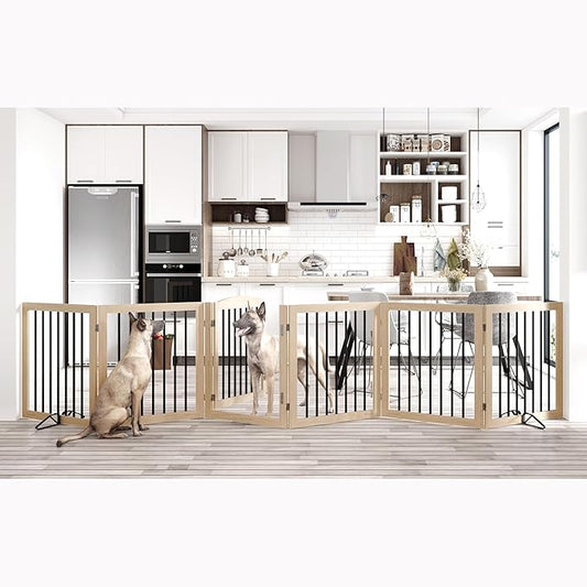Vantas Folding Pet Gate 144" Wide, 30" Tall No-Assembly Wooden Dog Gate With Door Walk Through, Freestanding Puppy Safety Fence, 2PCS Support - Natural White