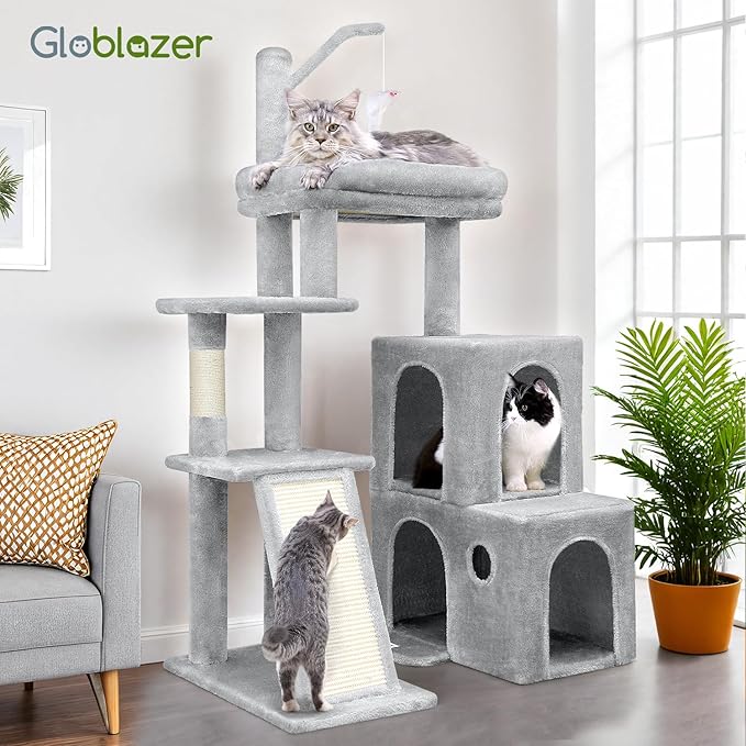 Globlazer F50 Cat Tower for Indoor Cats, 50-inch Heavy Duty Cat Tree for Big Cats, Cat Tree House with Extra-Large Padded Platform, Sisal Scratching Board, 2 Large Condos, Cloud Grey