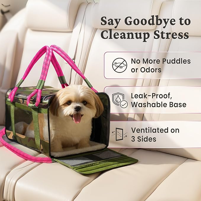 | TSA Airline Approved |Soft Sided Pet Carrier | Cat Carrier | Dog Carrier| Pets Up to 15 lbs | Leash & Luggage Strap | Camo Pink Handle