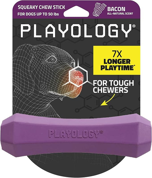 Playology Dog Toys | Durable Squeaky Chew Stick for Dogs | Medium Bacon Scented Toy - Easy to Clean and Made from Non Toxic Materials