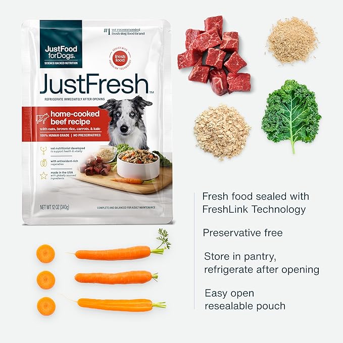 JustFoodForDogs JustFresh Wet Dog Food, Fresh Pet Meals and Toppers with No Preservatives, Resealable Package, Human Grade, Home-Cooked Beef, 12 oz - 7 Pack