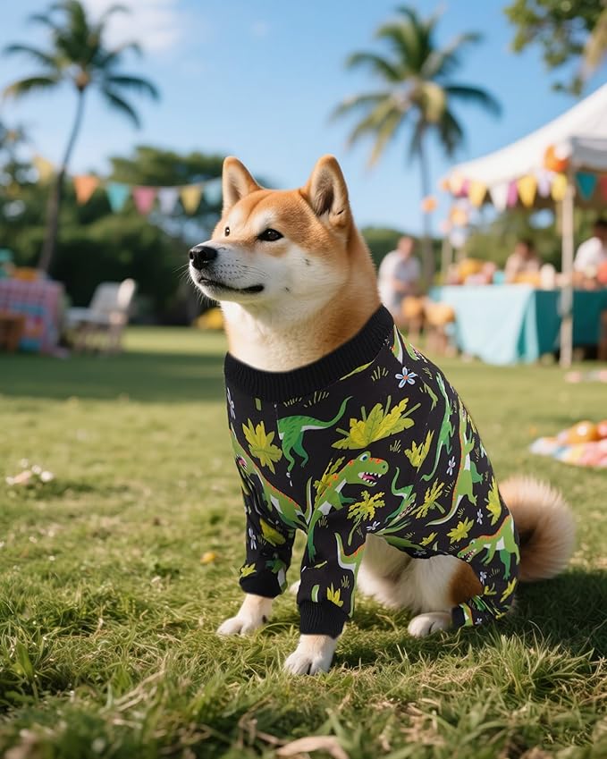 PET SHOW 4 Pack Dog Pajamas Dinosaur Shark for Medium Large Dogs Boy Soft Stretchy PJs Plaid Jumpsuit Dog Paw Onesies Outfits with Sleeve Pets Breathable Summer Clothes Costume XXL