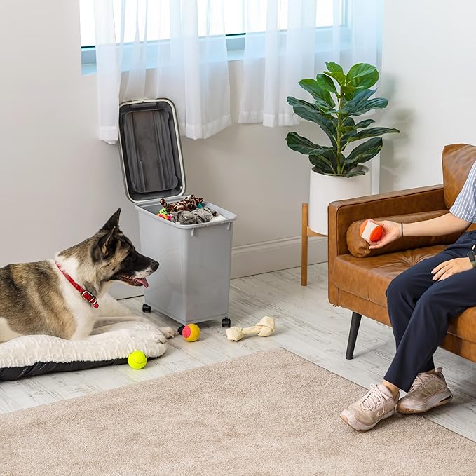 IRIS USA Dog Food Storage Container with Wheels, Airtight Lid, 2-Cup Scoop, Up to 30 Pounds Pet Food Storage, Built in Scoop Storage in Lid, Versatile Pet Food Bin, Portable, BPA Free, Gray/Dark Gray