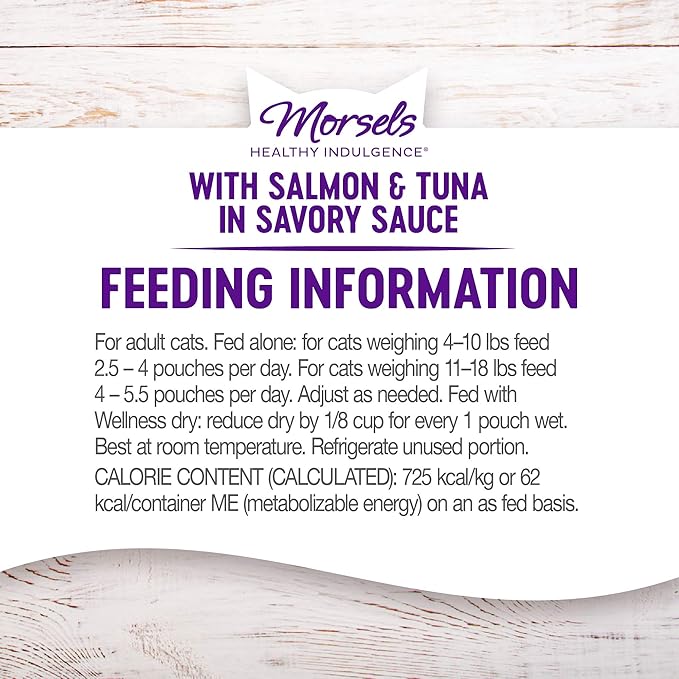 Wellness Healthly Indulgence Morsels Adult Wet Cat Food, Natural, Protein-Rich, Grain Free, 3 Ounce Pouch, 24 Pack, (Salmon & Tuna)