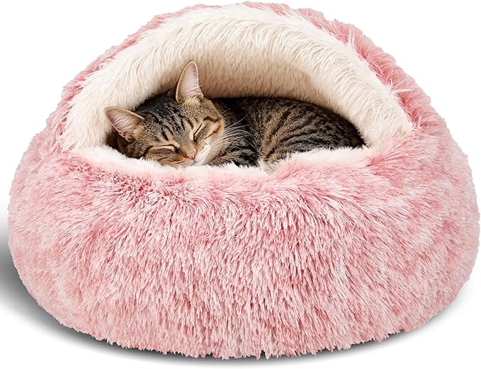 Calming Dog Beds & Cat Cave Bed with Hooded Cover,Removable Washable Round Beds for Small Medium Pets,Anti-Slip Faux Fur Fluffy Coved Bed for Improved Sleep,Fits up to 15/25 lbs(Bean Mush,S)