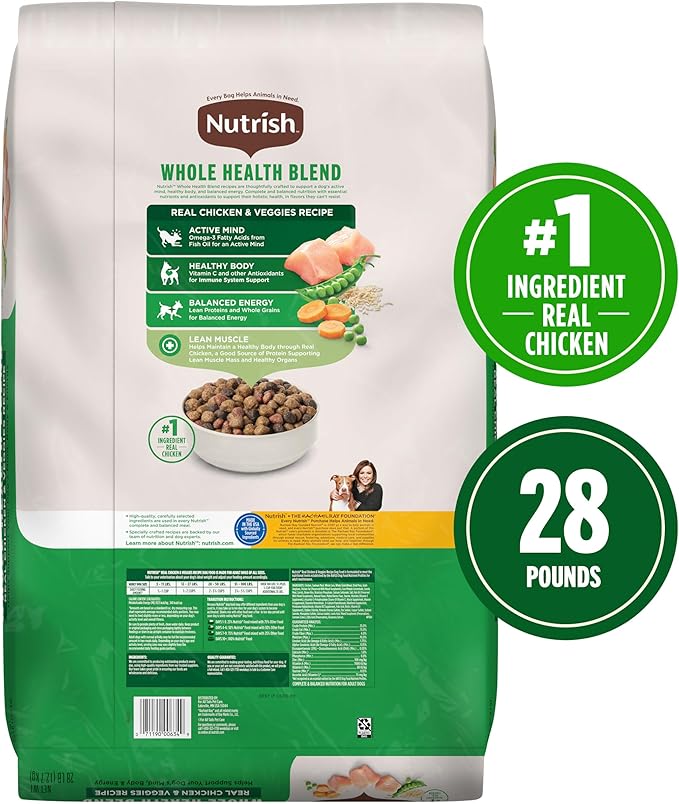 Nutrish Real Chicken & Veggies Recipe Whole Health Blend Dry Dog Food, 28 lb. Bag, Packaging May Vary (Rachael Ray)