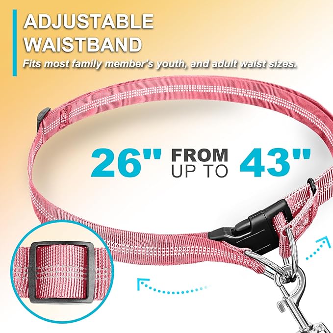 Hands Free Dog Leash, Adjustable Waist Leash for Dog Walking, Dual Handle Bungee Dog 4.2-6.7 Feet Long with Reflective Stitches for Walking Hiking Running, Fits 26"- 43" Inch Waist, Pink