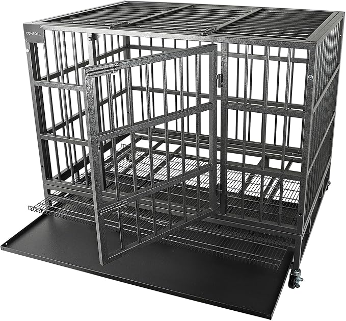 Confote 48" Heavy Dog Duty Cage Metal Indestructible Dog Kennels Crate for Large Dogs with Double Doors & Lockable Wheels