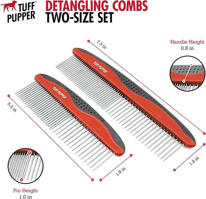Tuff Pupper Dog Grooming Comb Set | Easily & Safely Remove Dead, Matted Knotted Hair | Ergonomic Pet Detangling Combs | No-Slip Safety Handle For Precision Control | Rounded Tips Prevent Scratching