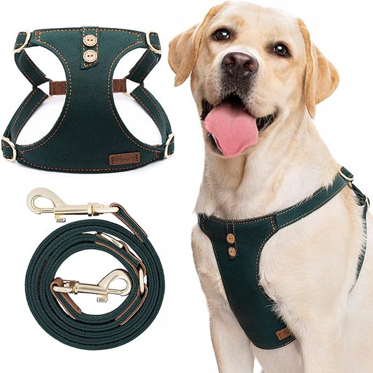 Dog Harness, No Pull Dogs Harness and Multi-Function Leash Set for Medium Dogs Easy Walk Everyday Adjustable Soft Dog Vest Harness Fashionable Dog Accessories Denim Vintage Green-Button-Slim Large