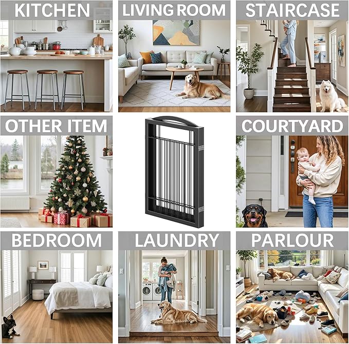 Vantas Folding Pet Gate 96" Wide, 30" Tall No-Assembly Metal Dog Gate, Freestanding Wire Pet Gate, Pet Puppy Safety Fence, Extra Wide with 2PCS Support - Black