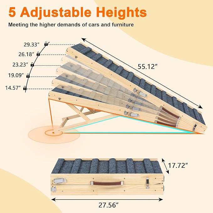 Clikuutory 2025 Upgraded Dog Ramp for Couch, 55.1" Foldable Small Dog Ramp for Bed, 5 Adjustable Height from 15" to 30", Portable Stable Pet Steps with Anti-Slip Carpet for Low Bed Couch Stairs, Wood