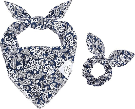 E-Clover Dog Bandanas Boy & Matching Scrunchie Set Dog Bandana Scarf Bibs with Bow Scrunchies for Medium Large Dogs Pet Owner Mom Boho