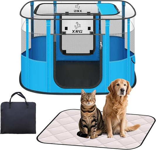 Portable Pet Playpen with Waterproof pad,Collapsible Crates Kennel Playpen for Dog cat and Rabbit &Travel playpen Outdoor or Indoor (Large（35.4" L x 27.6" W x 23.6" H）, Clear Blue)