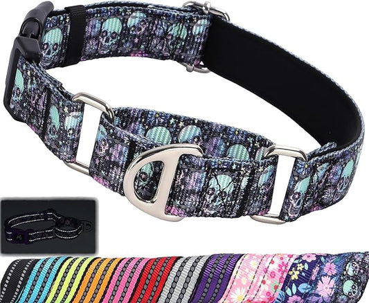 Martingale Collar for Dogs - Reflective Nylon with Padded Comfort & Quick Release Buckle - Skull Design, No Slip Choke Heavy Duty Collar for Safe Training, Walking & Nighttime Use S