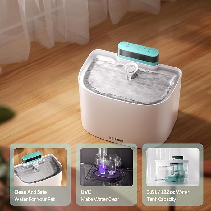 PET LAYSON Pumpless Cat Water Fountain, Smart Cordless Fountains Battery Operated, 3.6L/122oz with Maglev Valve Technology Rechargeable Water Dispenser for Cat &Dog, 2 Filters,2 Nozzles(Black, M1)