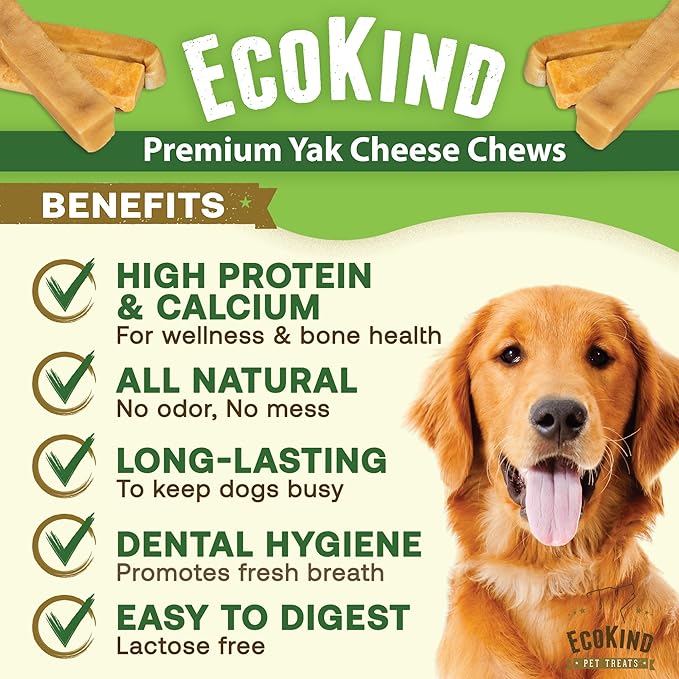 EcoKind Pet Treats Gold Himalayan Yak Cheese Dog Chew, Yak Dog Treats for Active Chewers, 100% Natural & Healthy Chew Sticks for Dogs, Assorted Set of Big & Small Yak (8 Sticks)