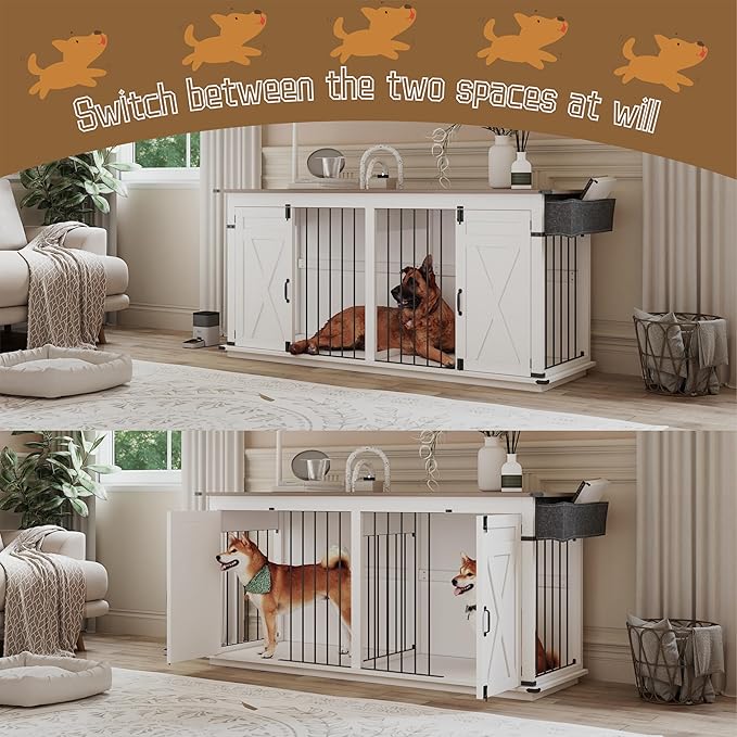 Large Dog Crate Furniture for 2 Dogs, Extra-Large Indoor Dog House with Partition, Heavy-Duty Sturdy Dog Kennel for Large Dogs, 1 Storage Bag, Farmhouse Style Cage