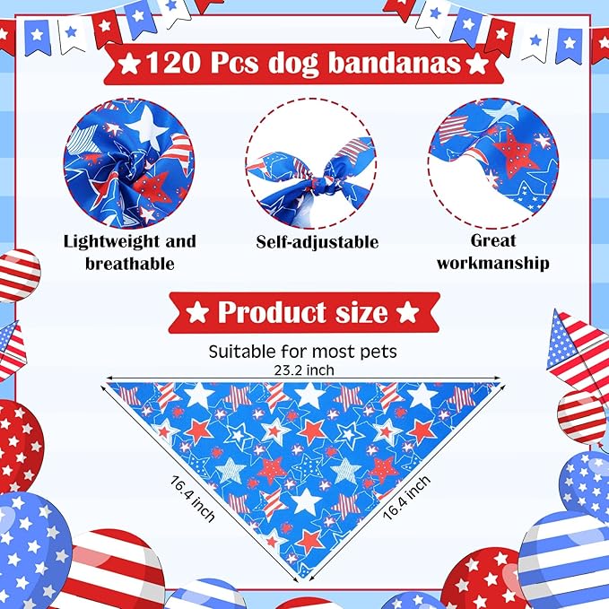 Sanwuta 120 Pcs Patriotic Dog Bandana Bulk American Flag Dog Bandanas Independence Day Pet Scarf Soft Triangle Scarfs for Small and Medium Pets, 30 Styles