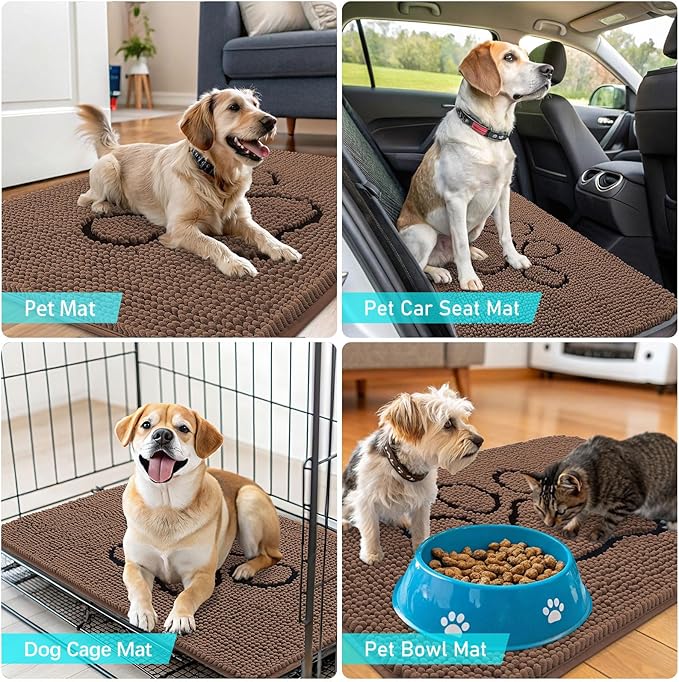 OLANLY Dog Door Mat for Muddy Paws 36x24, Paw Print Design, Absorbs Moisture and Dirt, Absorbent Non-Slip Washable Doormat, Quick Dry Chenille Mud Mat for Dogs, Entry Indoor Entryway Carpet, Mocha