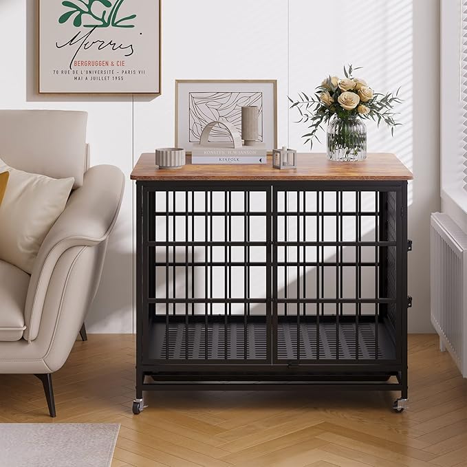 BOINN 42 inch Extra Large Dog Crate Furniture with Removable Trays, 3 Doors, 4 Wheels & 5 Locks - for Medium and Large Dogs