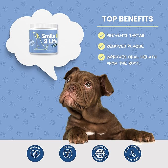 Dog Dental Powder | All-Natural for Teeth Cleaning | Plaque Remover for theeth and Breath freshener | Flavorless, Easy to Use | 3.17 oz - 45 supplys | Smile 2 Life