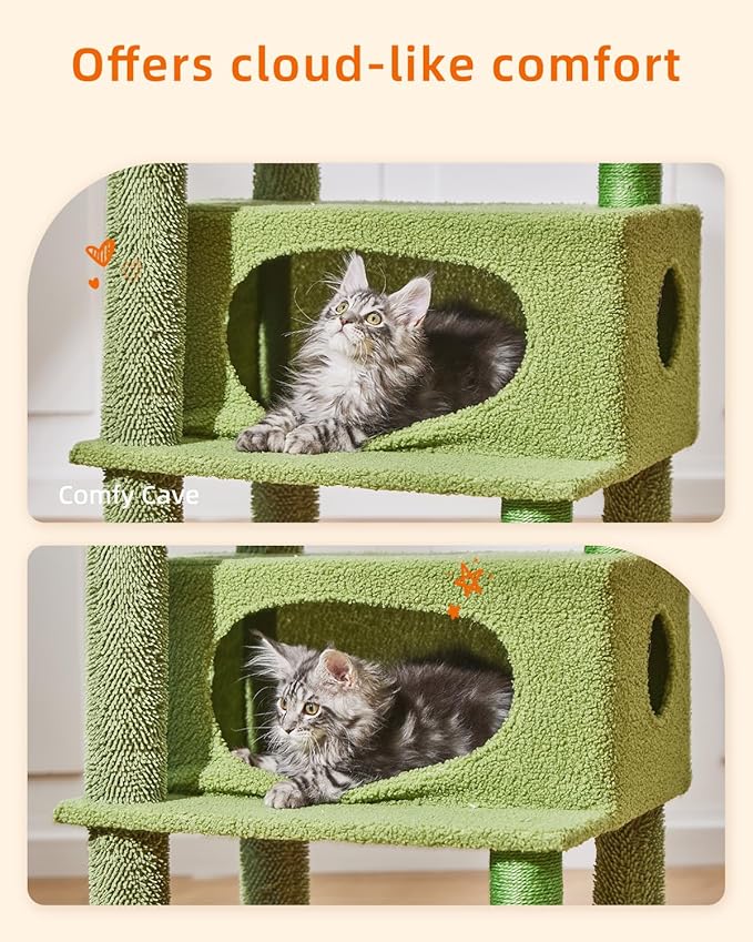 Taoqimiao Cat Tree,49-Inch Cat Tower for Indoor Cats,2 Luxurious cat condo with Adjustable Large Hanging Baskets and Large Luxurious Perch Smoky Gray MS029LT Cactus