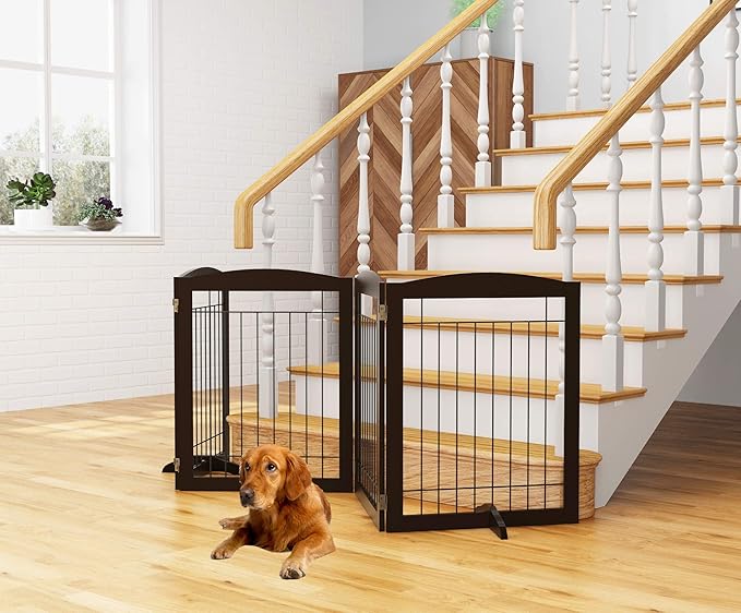 PAWLAND 96-inch Extra Wide Dog gate for The House, Doorway, Stairs, Freestanding Foldable Wire Pet Gate, Set of Support Feet Included (Espresso, 30" Height-4 Panels)