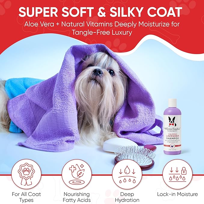 Warren London Calming Lavender Dog Shampoo | Softening Aloe Vera & Essential Oils for Dogs | Leaves Coat Silky & Smelling Amazing | Gentle & Soap-Free | Made in USA – 17 oz