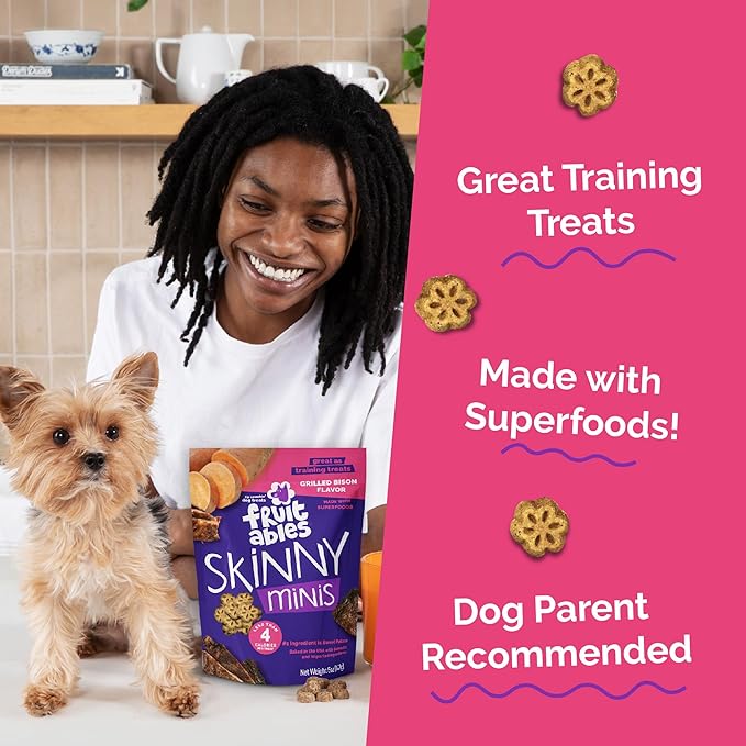 Fruitables Skinny Mini Dog Treats, Healthy Sweet Potato Treat for Dogs, Low Calorie & Delicious, Puppy Training, Free of Wheat, Corn and Soy, Made in the USA, Grilled Bison Flavor, 5oz
