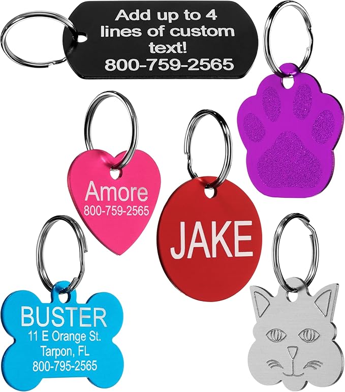 Providence Engraving Pet ID Tags in 8 Shapes, 9 Colors, and Two Sizes - Personalized Dog and Cat Tags with 4 Lines of Customizable Text