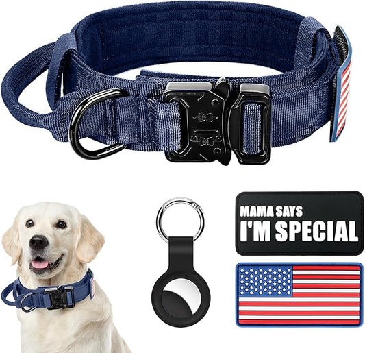 Tactical Dog Collar Military Dog Collar Adjustable Nylon Dog Collar Heavy Duty Metal Buckle with Handle for Dog Training,with Patches (Blue, L)