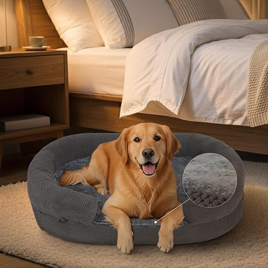 Orthopedic Dog Bed for Large Dogs, Egg Crate Memory Foam Fur Sofa with Comfortable Sides, Soft and Big Dog Couch Bed with Washable Removable Cover and Non-Slip Oval Bottom, 43" Grey