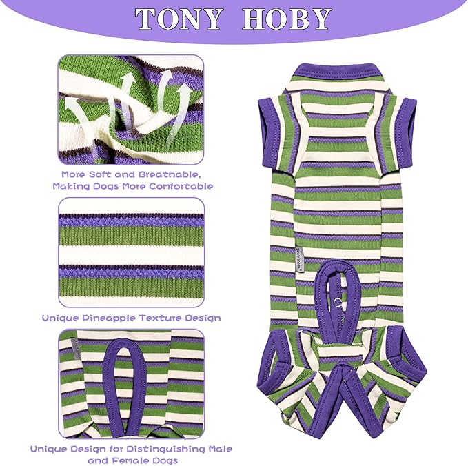 TONY HOBY Dog Pajamas, Knitted Dog Jumpsuit Shirt in Cold Weather, Dogs Surgical Recovery Suit for Small Medium Dogs (Purple&Green, Boy, S)