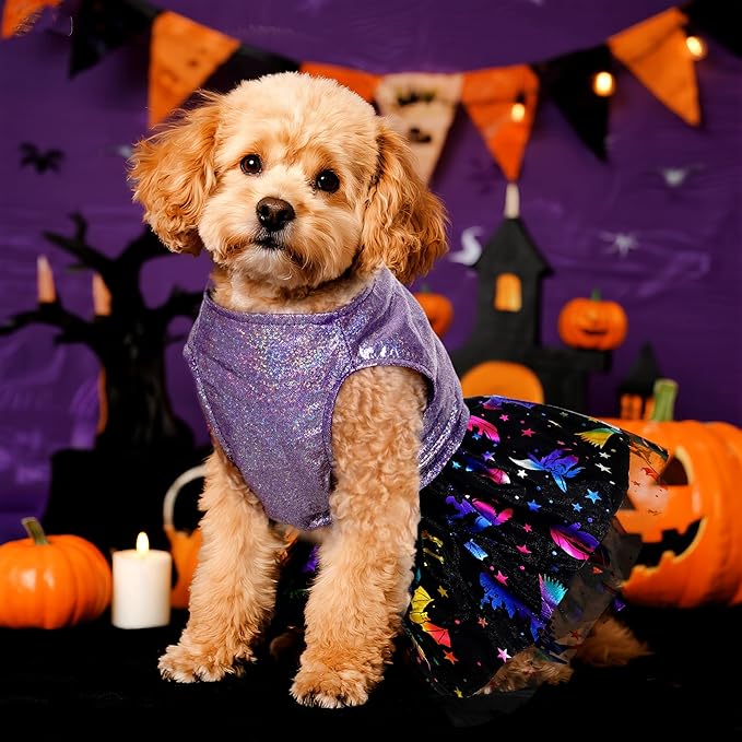 Dog Halloween Costume Dog Dress Witch Tulle Skirt Halloween Pet Clothes for Puppy Small Cats (Purple, Medium)