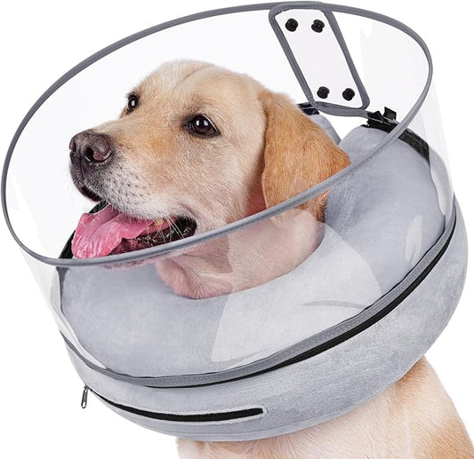 BARKLESS Inflatable Dog Cone, Protective Dog Surgery Collar to Stop Licking Biting Wounds, Patented Soft Donut Cone with Clear Shield, Adjustable Blow-up Collar for Surgery Recovery (Grey, XL)