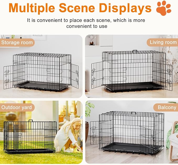 FDW 30inch Dog Crate Pet Cage with Metal Folding Design Plastic Tray Indoor Outdoor Dog Kennel Cage for Small and Medium Dogs,Black