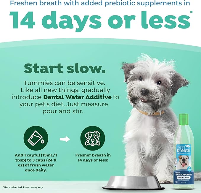 TropiClean Fresh Breath Water Additive for Dogs with Prebiotics, Gut Health for Dogs, Breath Freshener and Teeth Cleaning Solution, 16oz.